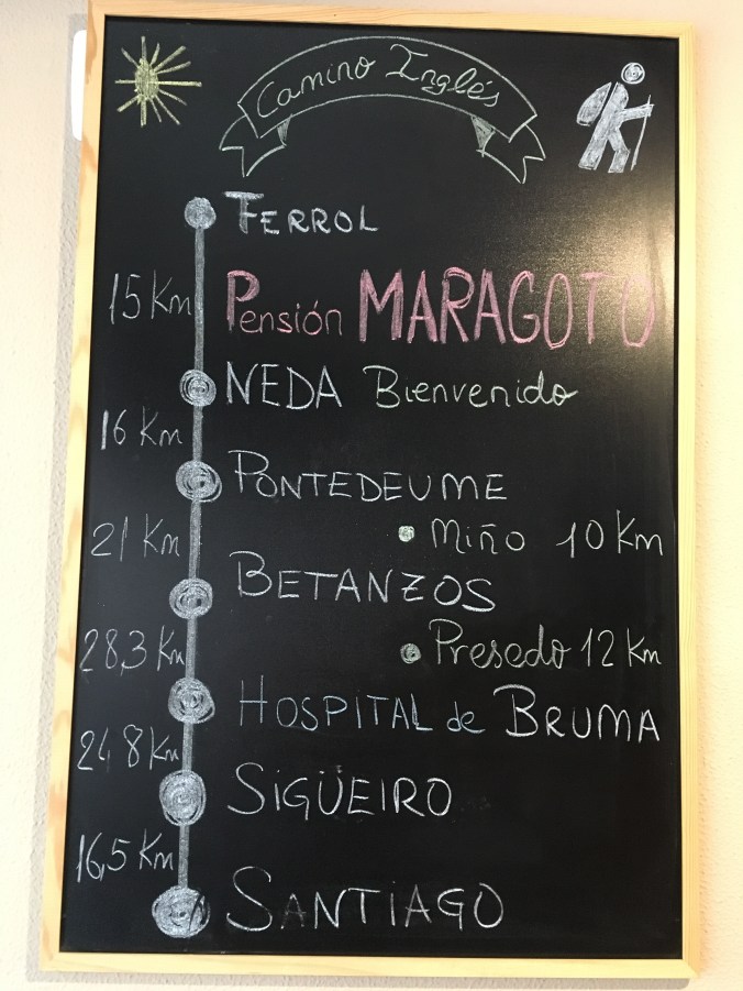 This chalkboard at the restaurant in Pension Maragoto shows the stages and half-stages of the Camino Ingles. I decided to split the longest stage between Betanzos and Bruma.