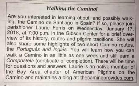 Corpus Christi bulletin announcement of my Camino presentation