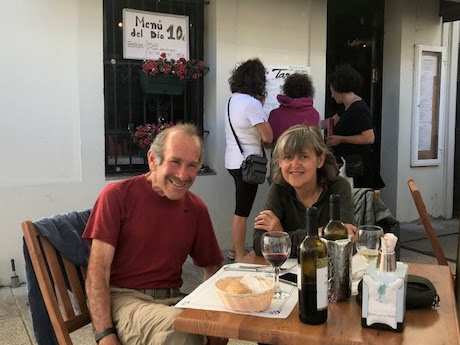Andy Cohn and Kate Stewart enjoying a pilgrim meal with great wine