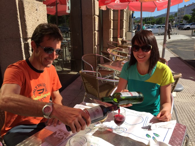 They asked us what we want to drink, I said white wine and Dobri said red wine. They left us with a bottle of each. The Camino provides...